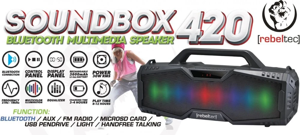 Rebeltec mėlynos spalvos bluetooth garsiakalbis SoundBOX 420 juodas