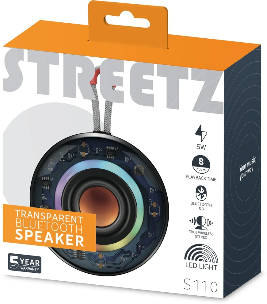 S110 permatoma Streetz Nešiojama kolonėlė Bluetooth, 5W / S110-BLK / 6612077
