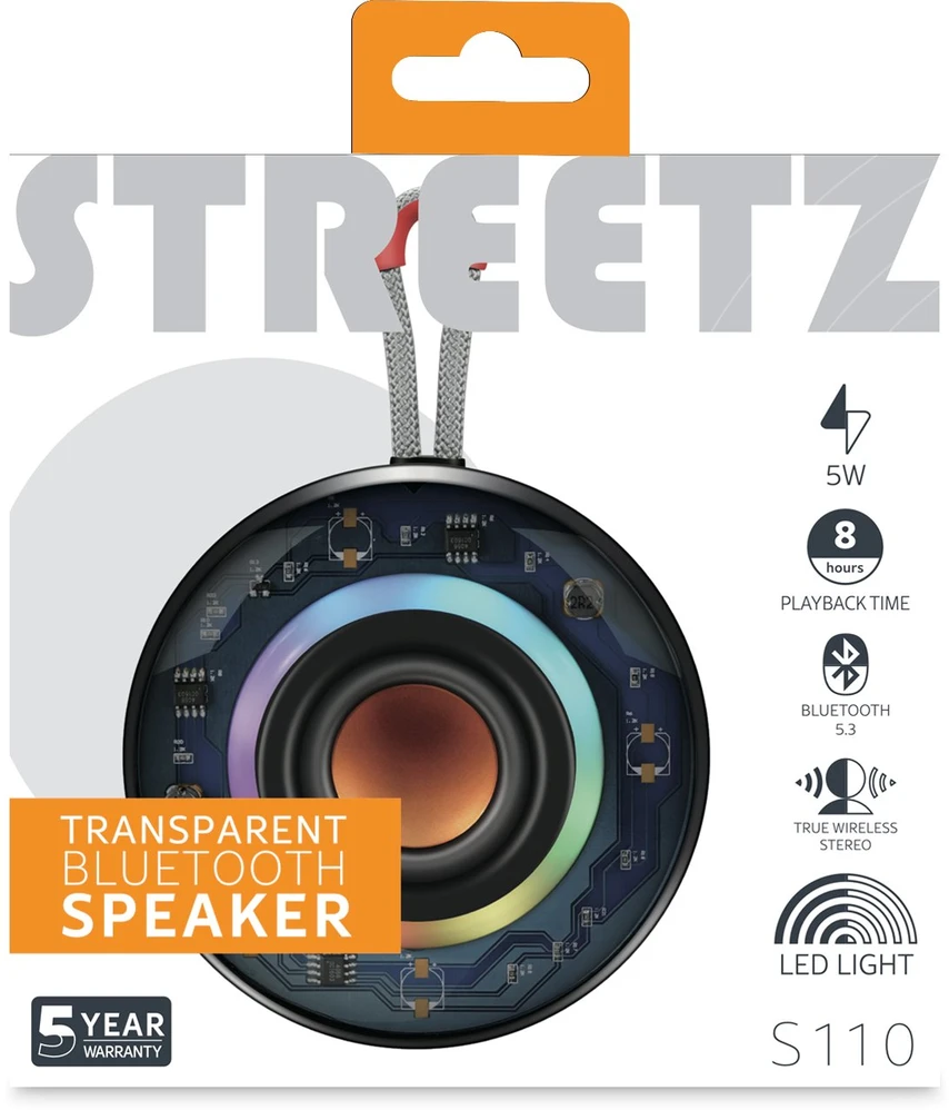 S110 permatoma Streetz Nešiojama kolonėlė Bluetooth, 5W / S110-BLK / 6612077