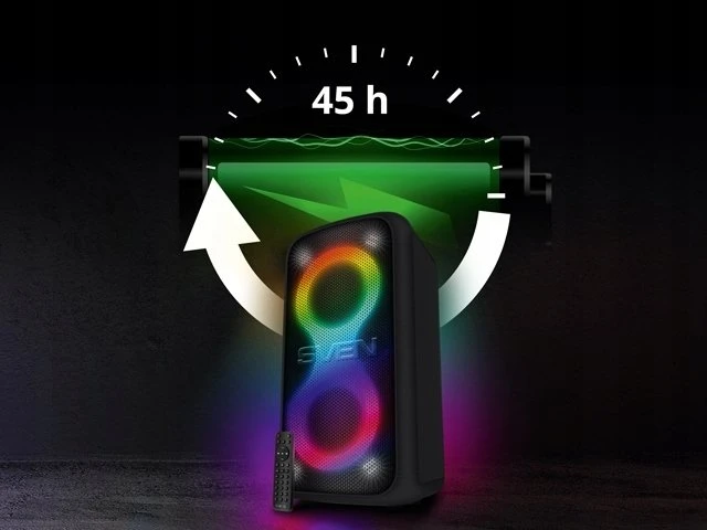 Nešiojama garso kolonėlė SVEN PS-1000, juodas, galia 2x80W (RMS), TWS, Bluetooth, FM, USB, LED ekranas, ličio baterija