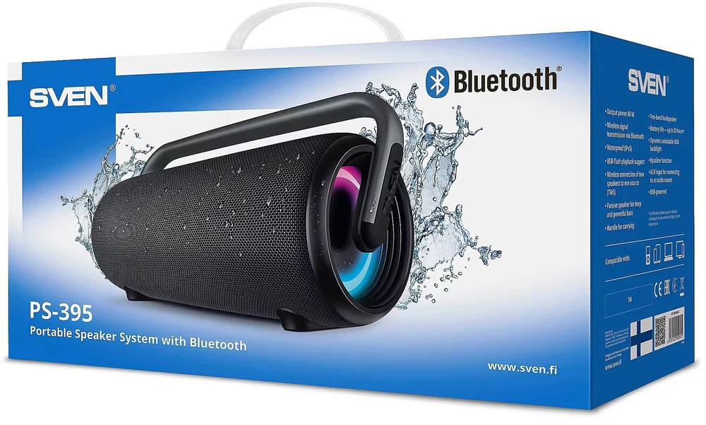 Portable speaker SVEN PS-395, juodas, power output 80W (RMS), TWS, Bluetooth, RGB backlight, Atsparus vandeniui (IPx5), USB, Baterija life – iki 20 hours
