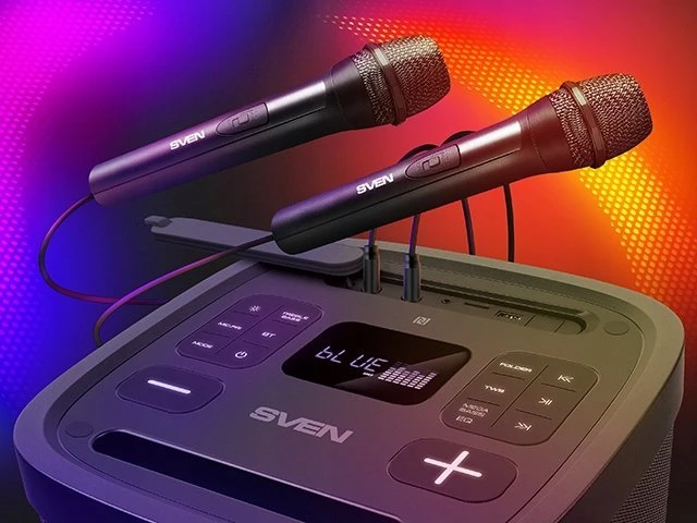 Nešiojamas garsiakalbis SVEN PS-950, juodas, galia 2x80W (RMS), TWS, Bluetooth, IPx4, FM, USB, Micro SD, LED ekranas, ličio baterija