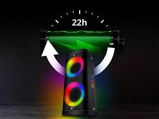 Nešiojamas garsiakalbis SVEN PS-950, juodas, galia 2x80W (RMS), TWS, Bluetooth, IPx4, FM, USB, Micro SD, LED ekranas, ličio baterija