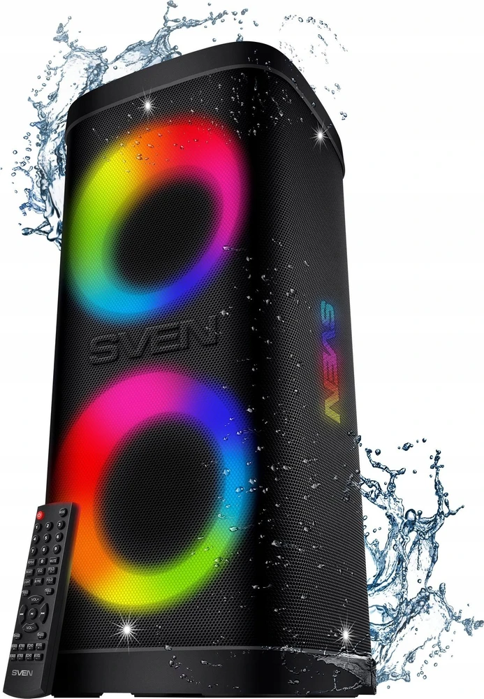 Nešiojamas garsiakalbis SVEN PS-950, juodas, galia 2x80W (RMS), TWS, Bluetooth, IPx4, FM, USB, Micro SD, LED ekranas, ličio baterija