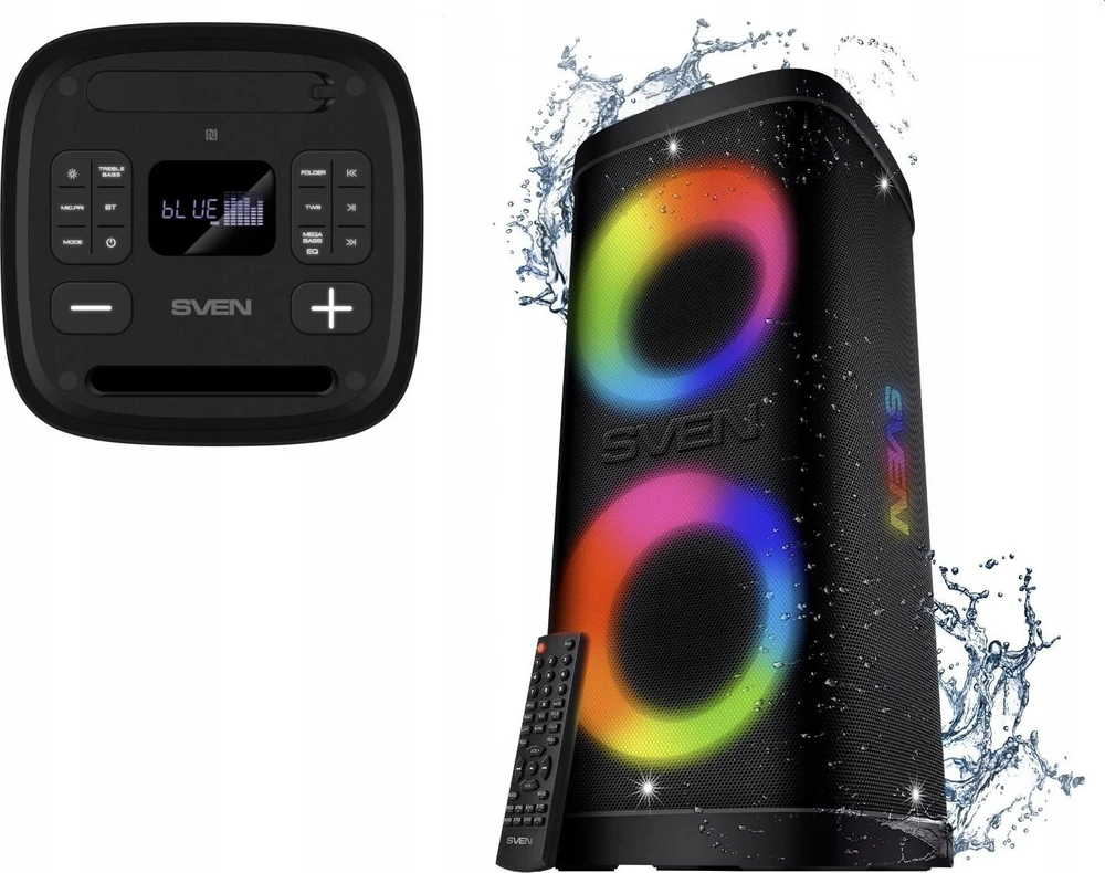Nešiojamas garsiakalbis SVEN PS-950, juodas, galia 2x80W (RMS), TWS, Bluetooth, IPx4, FM, USB, Micro SD, LED ekranas, ličio baterija