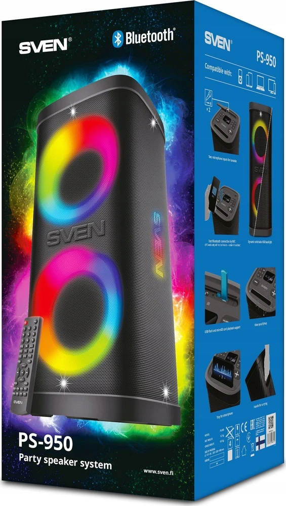 Nešiojamas garsiakalbis SVEN PS-950, juodas, galia 2x80W (RMS), TWS, Bluetooth, IPx4, FM, USB, Micro SD, LED ekranas, ličio baterija