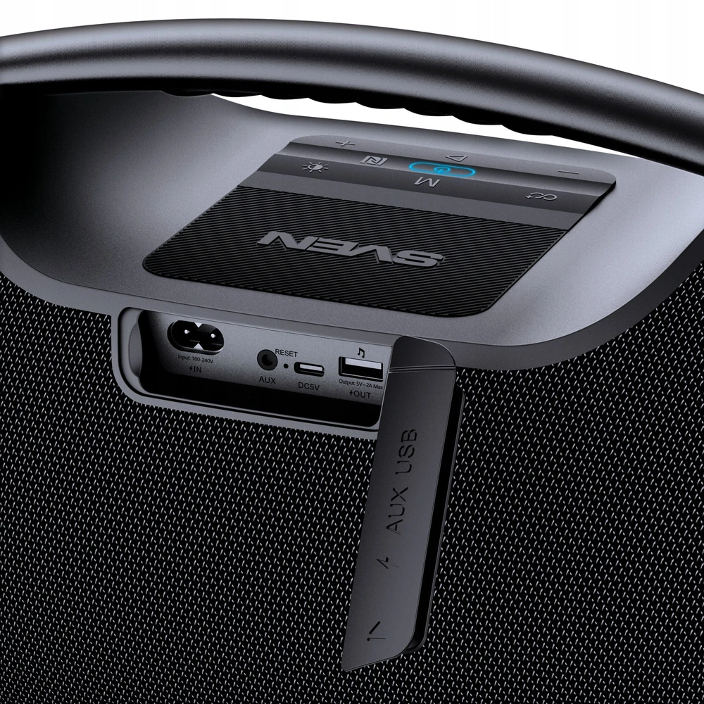 Portable speaker SVEN PS-990, juodas, power output 180W (RMS), TWS, Bluetooth, RGB backlight, Atsparus vandeniui (IPx7), USB, Lithium battery, Baterija life – iki 16 hours
