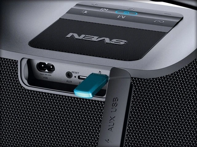 Portable speaker SVEN PS-990, juodas, power output 180W (RMS), TWS, Bluetooth, RGB backlight, Atsparus vandeniui (IPx7), USB, Lithium battery, Baterija life – iki 16 hours