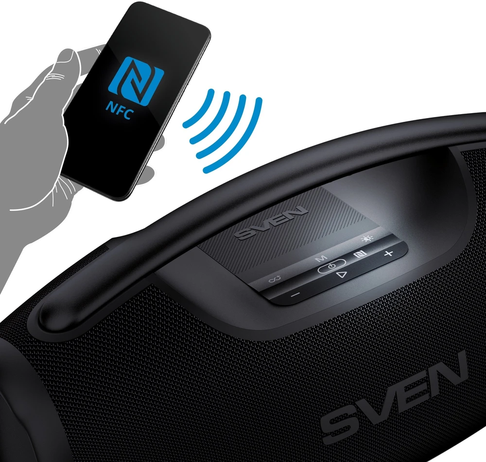 Portable speaker SVEN PS-990, juodas, power output 180W (RMS), TWS, Bluetooth, RGB backlight, Atsparus vandeniui (IPx7), USB, Lithium battery, Baterija life – iki 16 hours