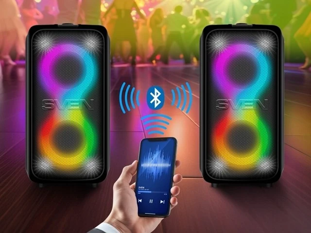 Nešiojama garso kolonėlė SVEN PS-1000, juodas, galia 2x80W (RMS), TWS, Bluetooth, FM, USB, LED ekranas, ličio baterija
