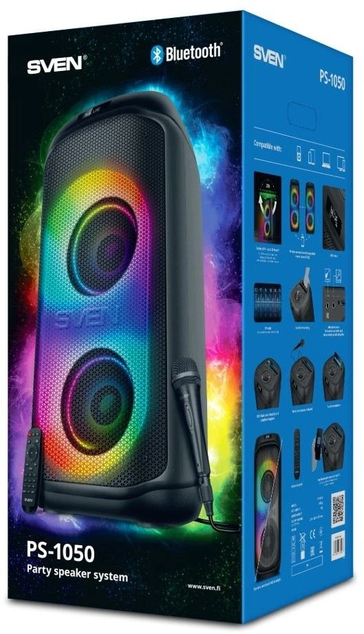 Garsiakalbis SVEN PS-1050, juodas (200 W, TWS, Bluetooth, FM, USB, Micro SD, LED ekranas, 7200 mAh)