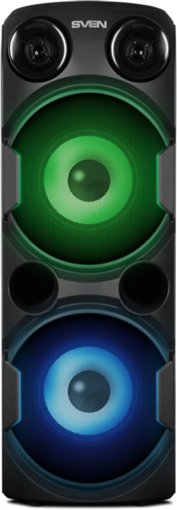 SVEN PS-750 2x40W; LED ekranai; TWS; FM radijas; AUX; USB/SD kortelės palaikymas;Apšvietimas; Mikrofono įvestis (karaoke); Nuotolinio valdymo pultas; Integruotas ekvalaizeris