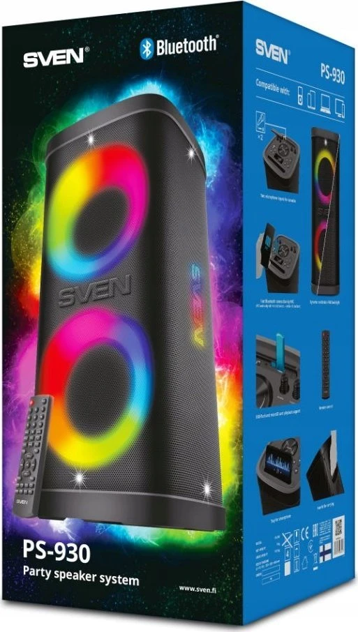 Nešiojamas garsiakalbis SVEN PS-930, juodas, galia 2x75W (RMS), TWS, Bluetooth, FM, USB, Micro SD, LED ekranas, ličio baterija