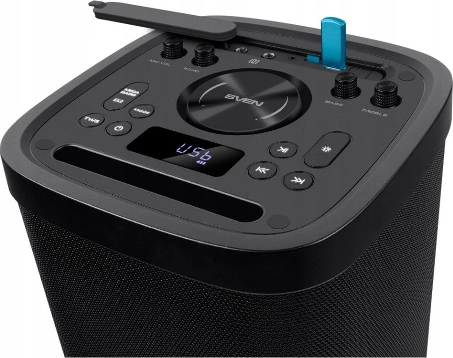 Nešiojamas garsiakalbis SVEN PS-930, juodas, galia 2x75W (RMS), TWS, Bluetooth, FM, USB, Micro SD, LED ekranas, ličio baterija