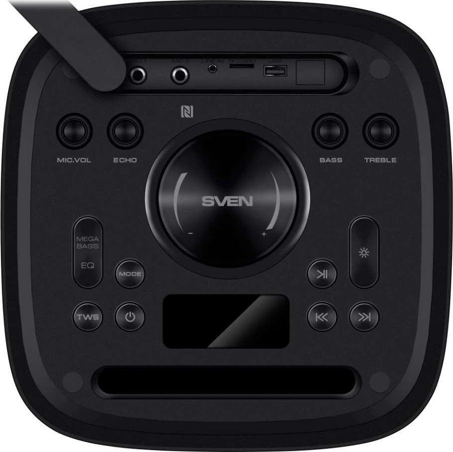 Nešiojamas garsiakalbis SVEN PS-930, juodas, galia 2x75W (RMS), TWS, Bluetooth, FM, USB, Micro SD, LED ekranas, ličio baterija