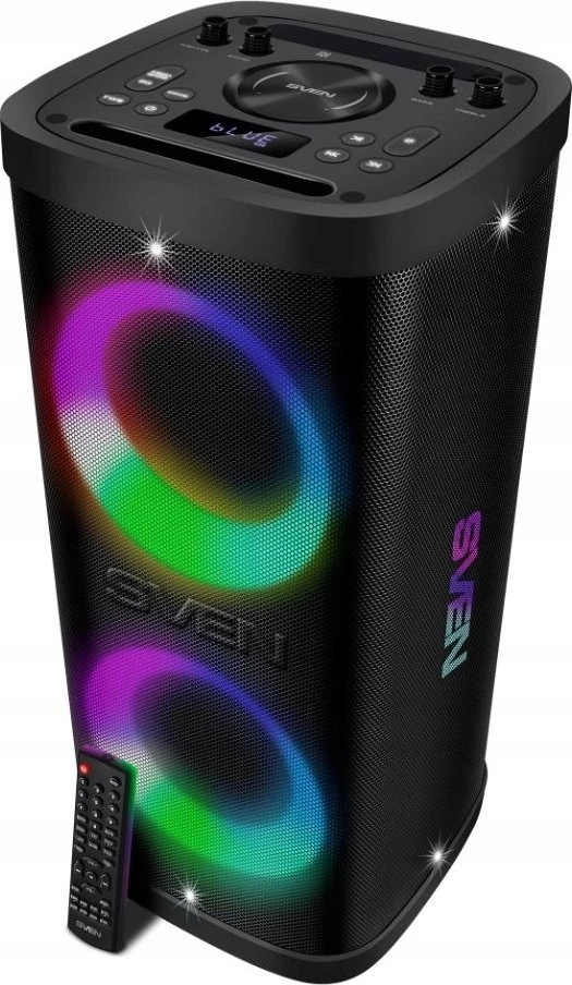 Nešiojamas garsiakalbis SVEN PS-930, juodas, galia 2x75W (RMS), TWS, Bluetooth, FM, USB, Micro SD, LED ekranas, ličio baterija