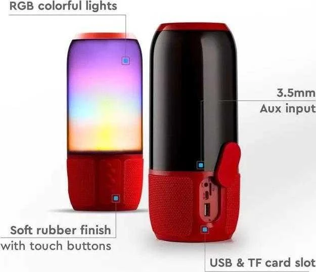 V-tac Bluetooth kolonėlė su 6W LED šviesomis, USB jungtimi, raudona. Yra TransFlash kortelės vieta, 5V, IP20, neatspari drėgmei.