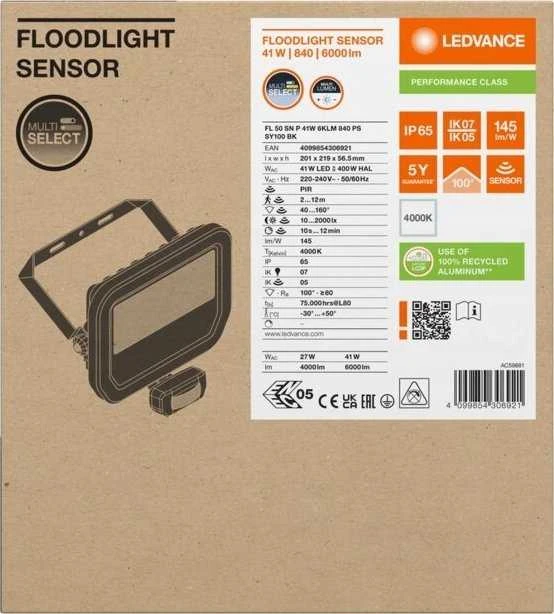 Ledvance 27-41W LED prožektorius FL 50 GEN4, juodas, 4000K, IP65, su judesio davikliu