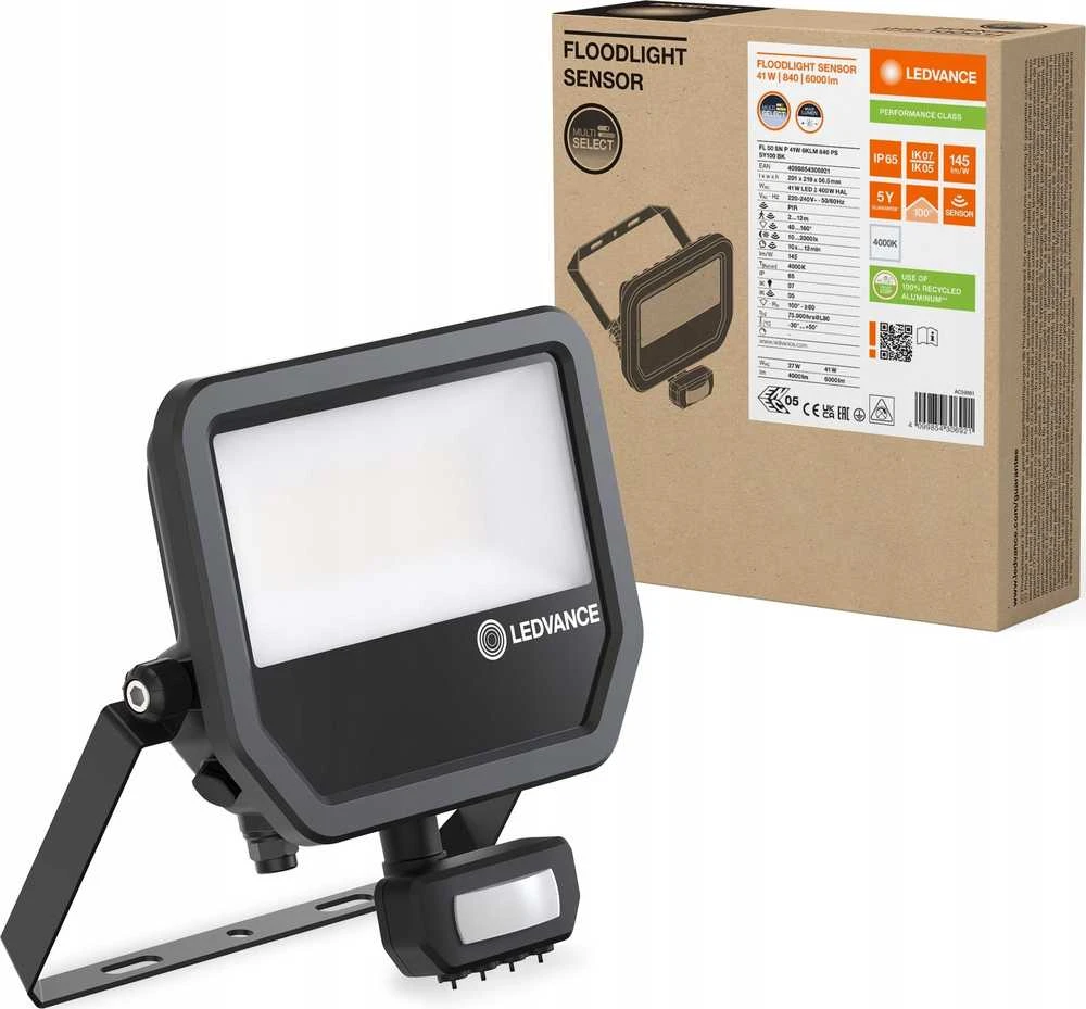 Ledvance 27-41W LED prožektorius FL 50 GEN4, juodas, 4000K, IP65, su judesio davikliu