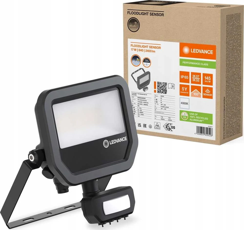 Ledvance 11-17W LED prožektorius FL 20 GEN4, juodas, 4000K, IP65, su judesio davikliu
