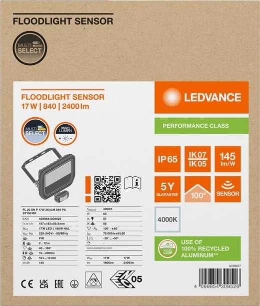 Ledvance 11-17W LED prožektorius FL 20 GEN4, juodas, 4000K, IP65, su judesio davikliu