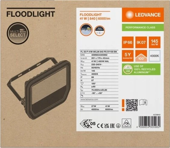 Ledvance 27-41W LED prožektorius FL 50 GEN4, juodas, 4000K, IP66