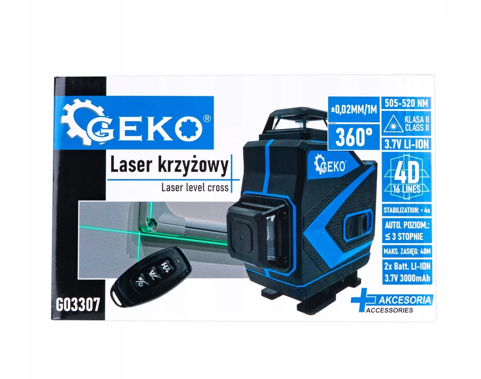 Geko 360° 4D kryžminis lazeris + 2 baterijos + dėklas + priedai (4)