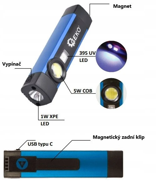 Geko žibintuvėlis daugiafunkcis žibintuvėlis su magnetu + UV LED COB 5W 2000mAh 300lm IP54 – Vitrina (12/96)