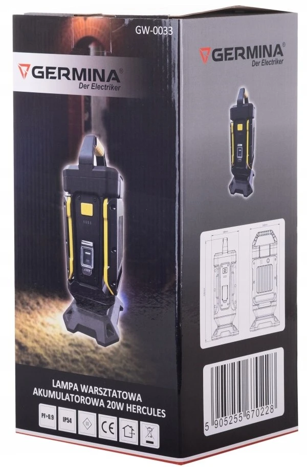 Geko LED dirbtuvių lempa HERCULES 20W 1500lm ir 750lm 6500K IP54 akumuliatorinė su powerbank funkcija GW-0033