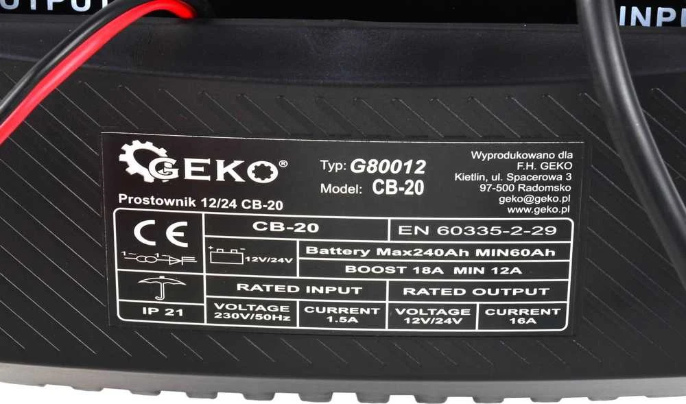 Geko CB-20 techninių parametrų lipdukas