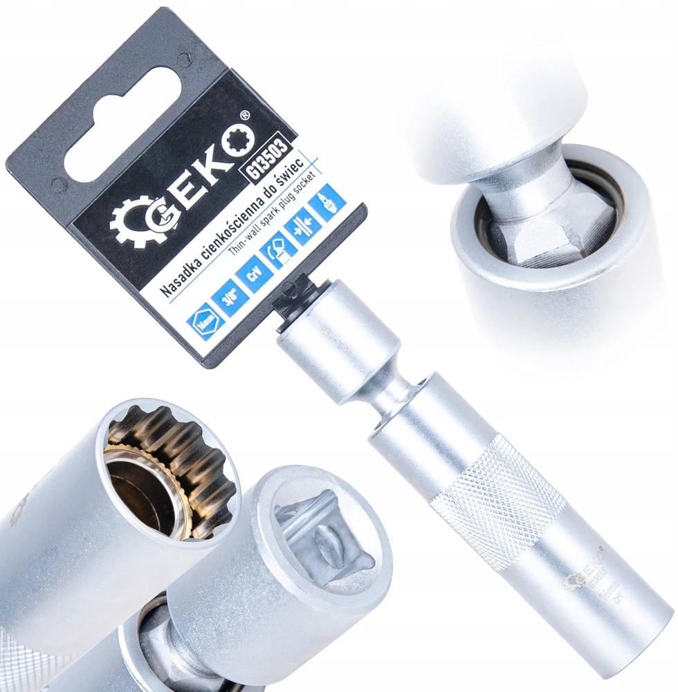 Geko Plonasienė veržliaraktinė galvutė su vyriu žvakėms 16mm 3/8'' CrV (100)