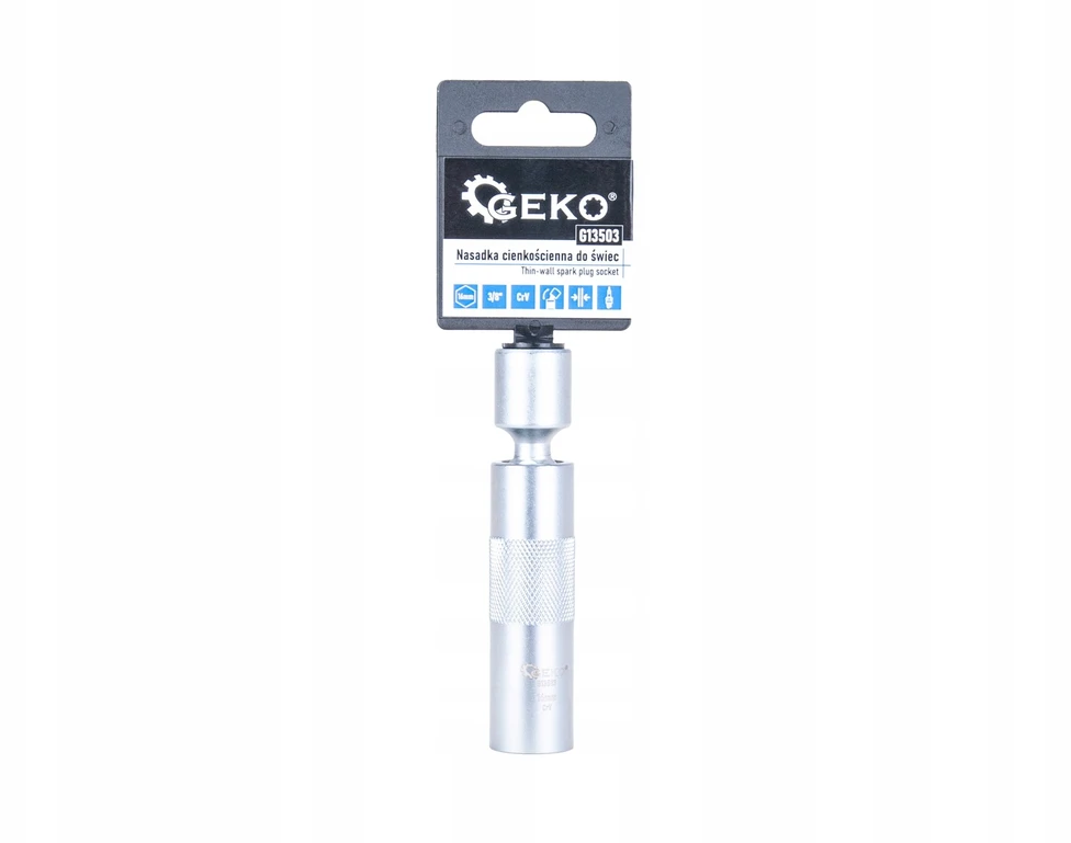 Geko Plonasienė veržliaraktinė galvutė su vyriu žvakėms 16mm 3/8'' CrV (100)