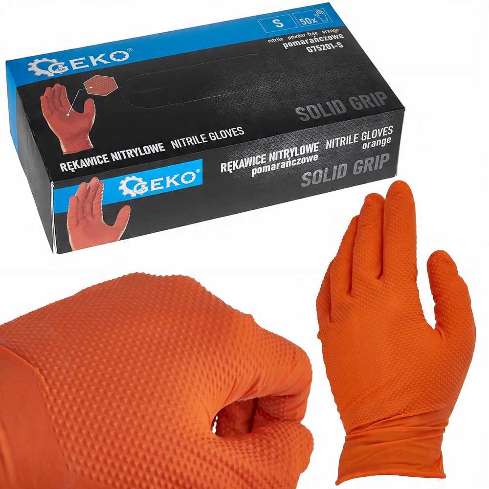 Geko Nitrilinės pirštinės SOLID GRIP 50 vnt. dydis S oranžinės (10)