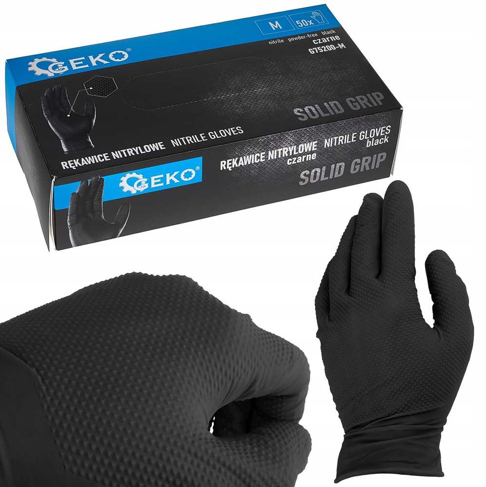 Geko SOLID GRIP nitrilo pirštinės, 50 vnt., M dydis, juodos (10)