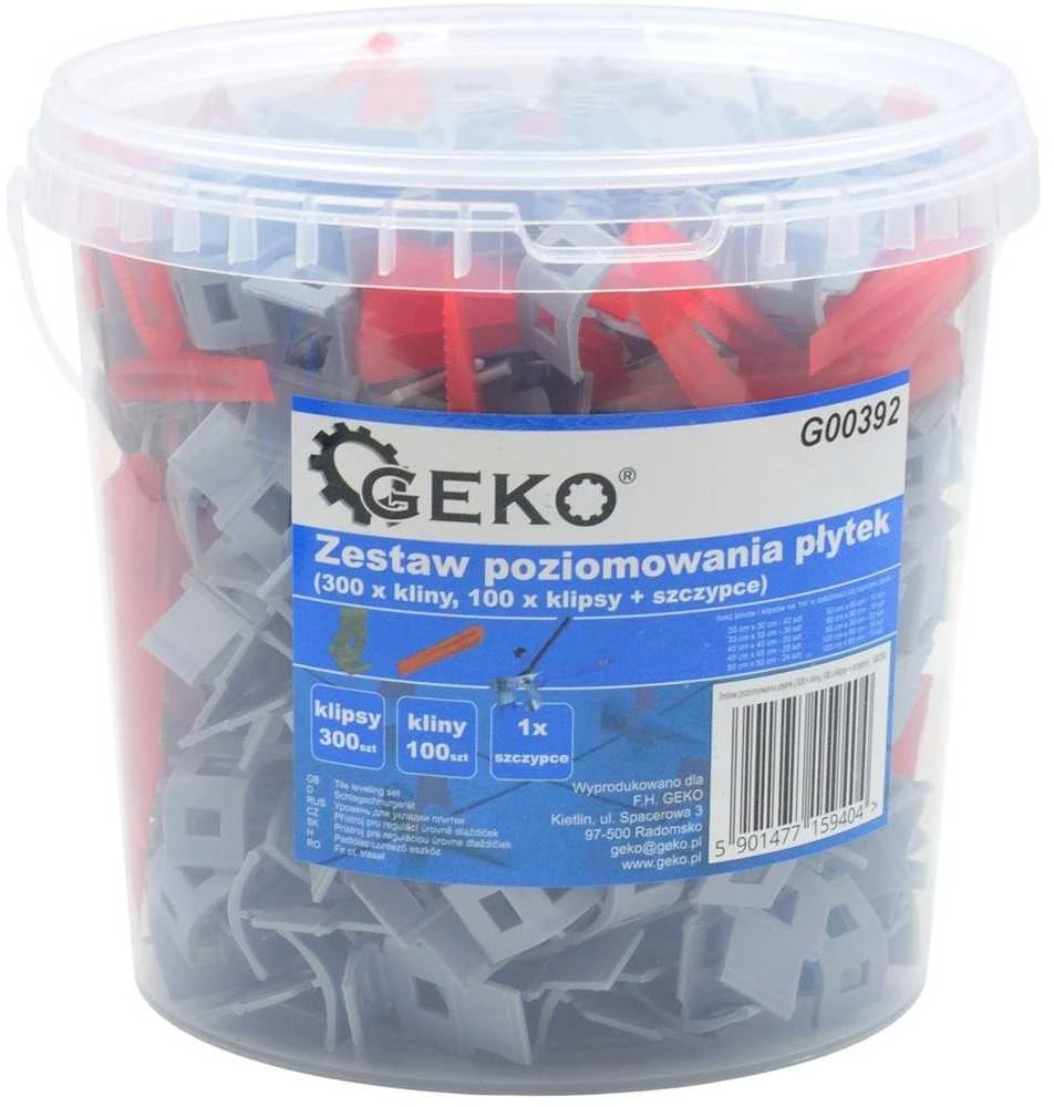 GEKO įrankių rinkinys plytelėms išlyginti (300x spaustukai | 100x pleištai | 1x replės)