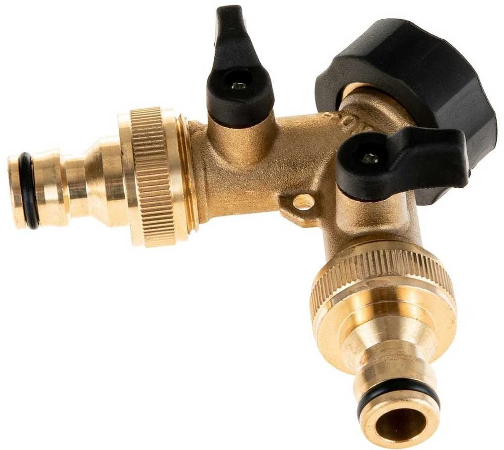 Geko Skirstytuvas 2 krypčių ant čiaupo GW3/4'' x 2 GZ3/4'' su vožtuvais ir greitajungėmis (10/60)