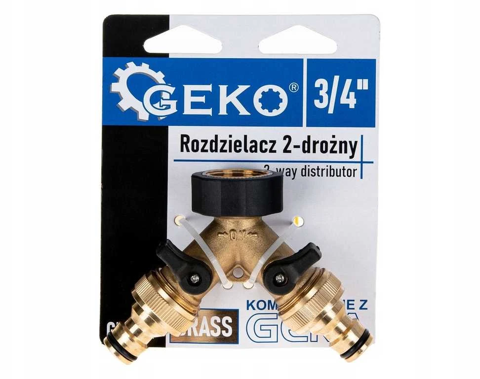 Geko Skirstytuvas 2 krypčių ant čiaupo GW3/4'' x 2 GZ3/4'' su vožtuvais ir greitajungėmis (10/60)