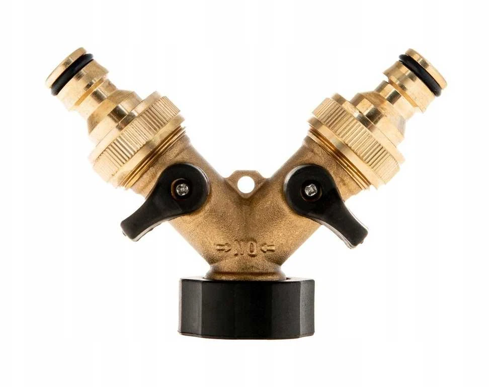 Geko Skirstytuvas 2 krypčių ant čiaupo GW3/4'' x 2 GZ3/4'' su vožtuvais ir greitajungėmis (10/60)