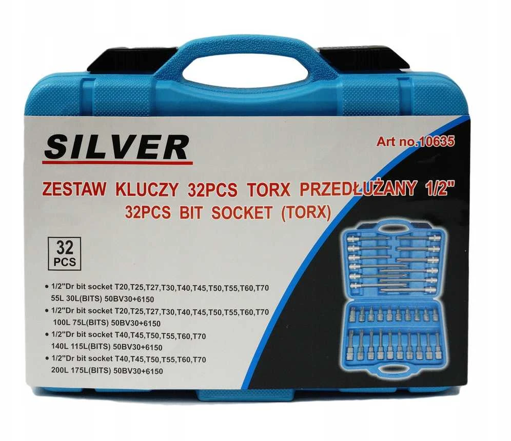 SILVER Sidabrinis Sidabrinis TORX raktų rinkinys 1/2″ prailgintas 32 vnt.