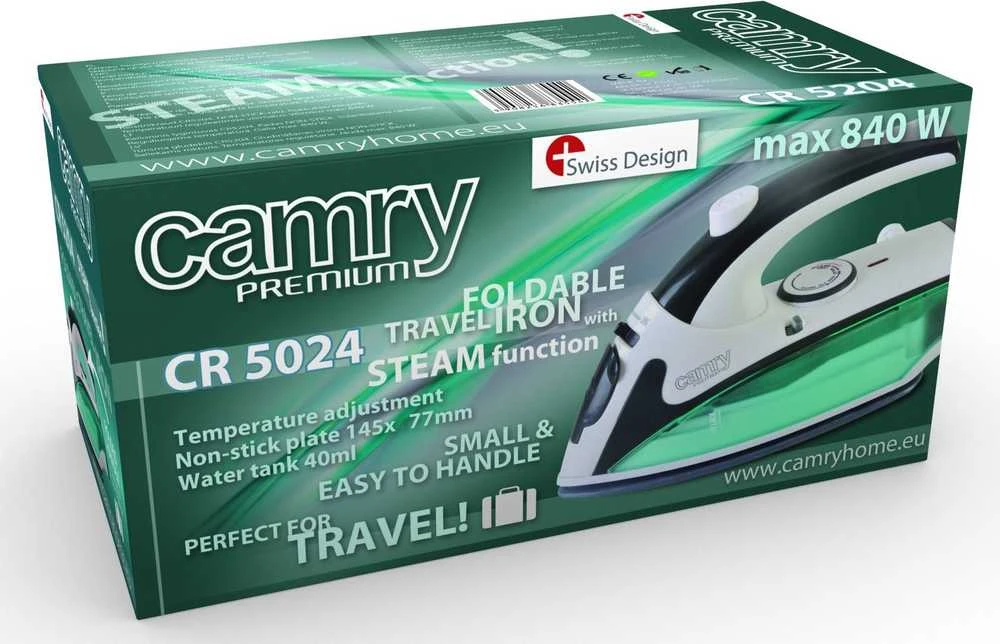 Camry | CR 5024 | Steam Travel iron | 840 W | Vanduo tank capacity 40 ml | Baltas/žalias/juodas