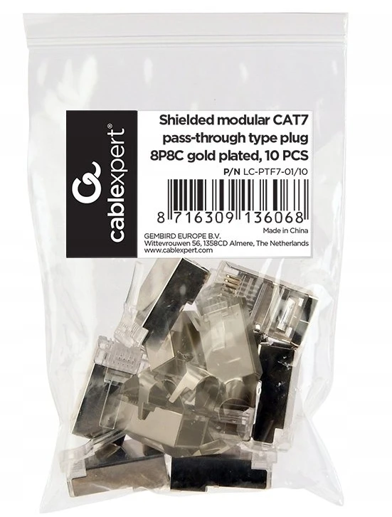 GEMBIRD Shielded modular CAT7 pass-through type plug 15u auksinis plated 10 pcs per bag