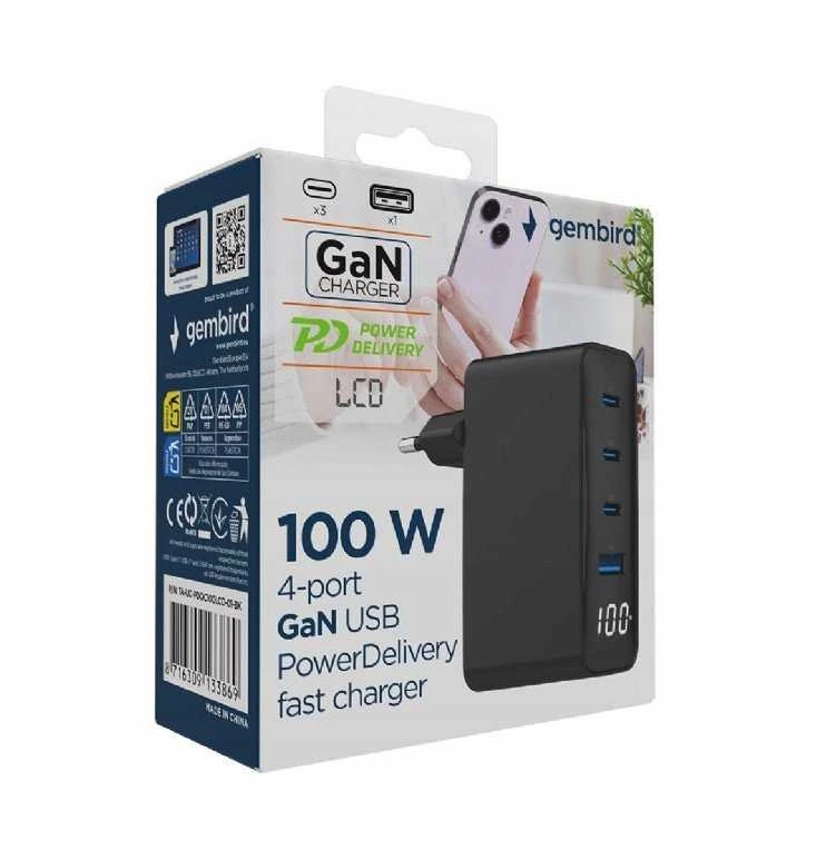 Gembird GaN 4x USB, 100W, LCD, juodas