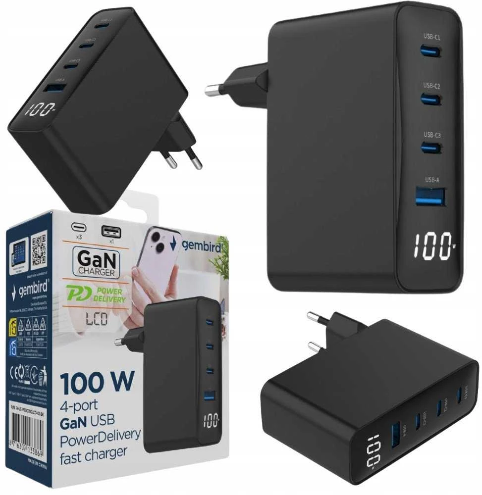Gembird GaN 4x USB, 100W, LCD, juodas