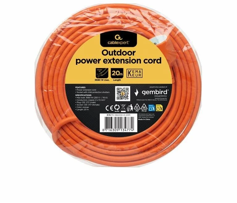 Gembird Cablexpert | Maitinimo ilgintuvas, 20 m | PC-186XOD-O-20M | Laidas | Oranžinis