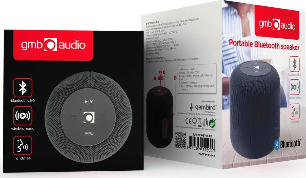 Nešiojama kolonėlė Gembird SPK-BT-15-BK, 5 WL, Juodos spalvos
