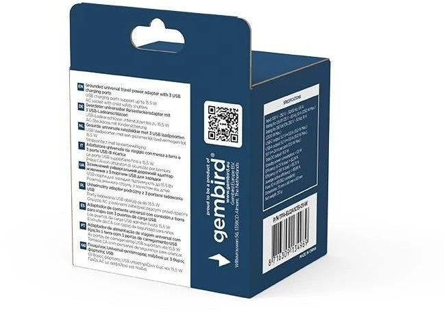 Gembird TPA-EU2A1C15-01-W įžemintas universalus kelioninis maitinimo adapteris, 15 W, baltas