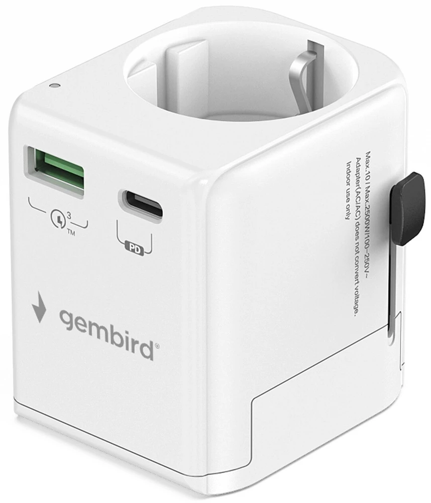 „Gembird“ įžemintas universalus kelioninis maitinimo adapteris, 20 W | TPA-EU1A1C20-01-W