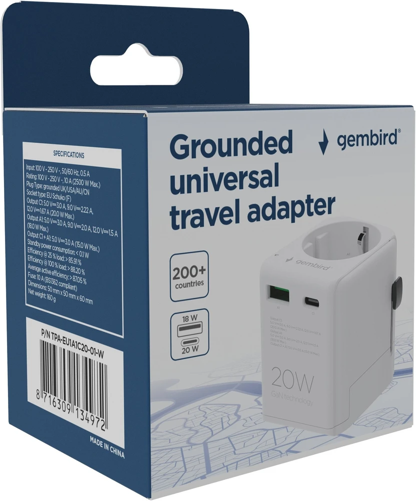 „Gembird“ įžemintas universalus kelioninis maitinimo adapteris, 20 W | TPA-EU1A1C20-01-W