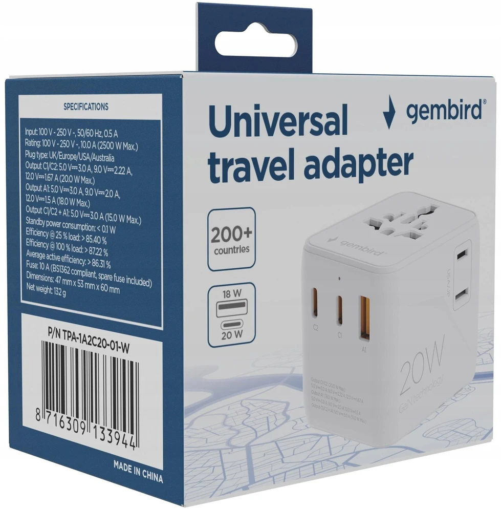 „Gembird“ universalus kelioninis maitinimo adapteris | TPA-1A2C20-01-W | 20 W | Kelionių adapteris