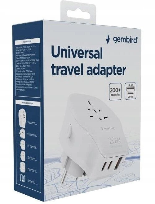 „Gembird“ universalus kelioninis maitinimo adapteris, 20 W | TPA-1A2C20-02-W